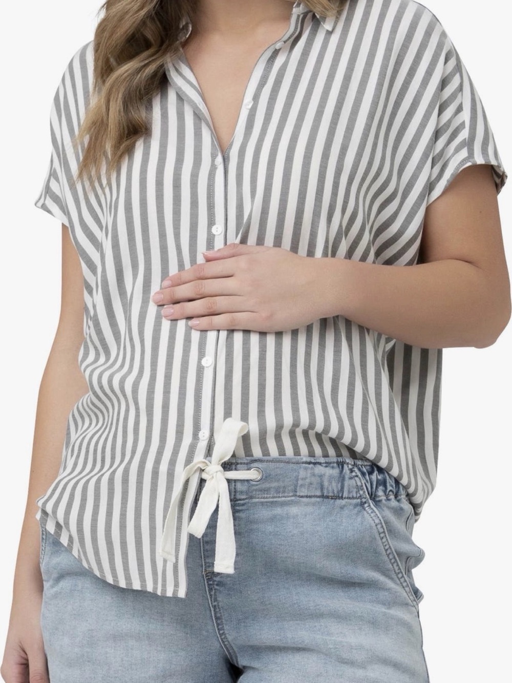 Ripe Maternity Ada Stripe Button Front Tie Shirt Gray White Size M - Picture 5 of 7